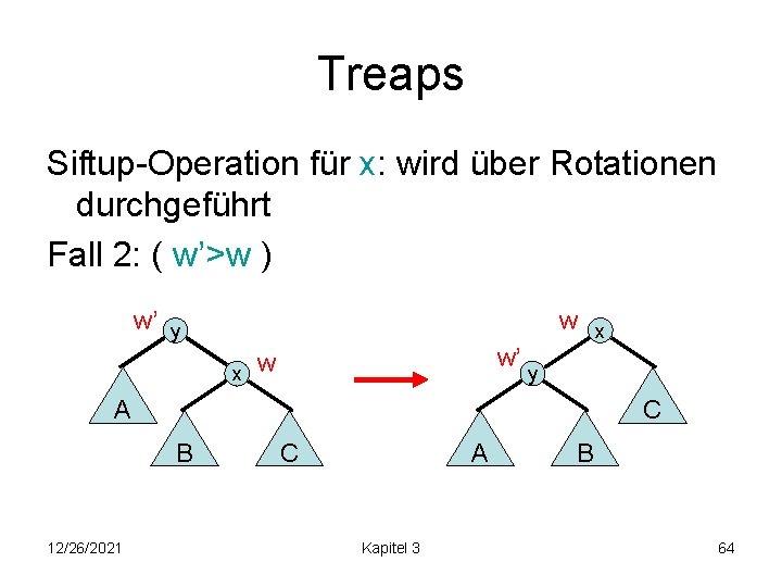 Treaps Siftup-Operation für x: wird über Rotationen durchgeführt Fall 2: ( w’>w ) w’