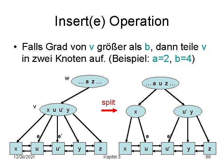 Insert(e) Operation • Falls Grad von v größer als b, dann teile v in