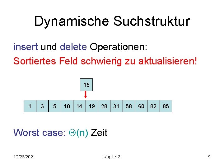 Dynamische Suchstruktur insert und delete Operationen: Sortiertes Feld schwierig zu aktualisieren! 15 1 3