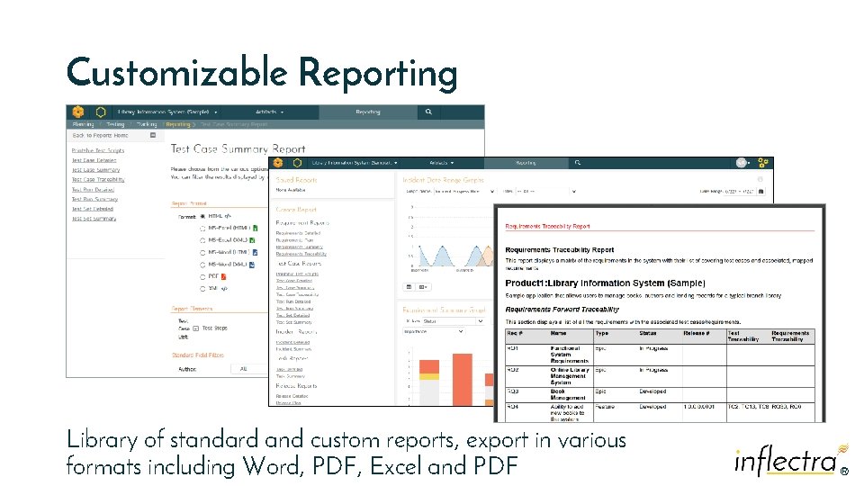 Customizable Reporting Library of standard and custom reports, export in various formats including Word,
