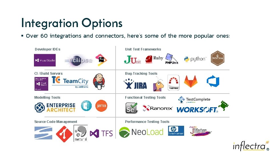 Integration Options § Over 60 integrations and connectors, here’s some of the more popular