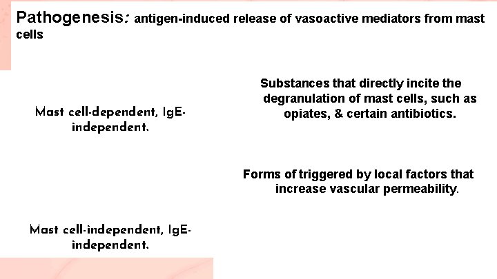 Pathogenesis: antigen-induced release of vasoactive mediators from mast cells Mast cell-dependent, Ig. Eindependent. Substances