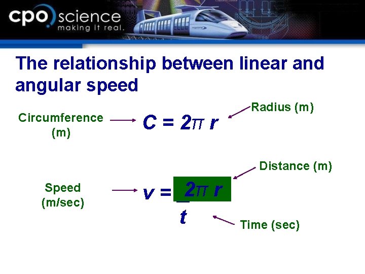 The relationship between linear and angular speed Circumference (m) C = 2π r Radius