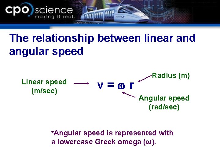 The relationship between linear and angular speed Linear speed (m/sec) *Angular v=wr Radius (m)