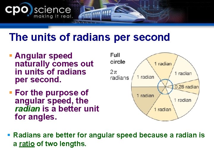 The units of radians per second § Angular speed naturally comes out in units