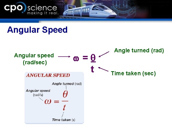 Angular Speed Angular speed (rad/sec) w=q t Angle turned (rad) Time taken (sec) 
