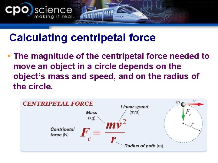 Calculating centripetal force § The magnitude of the centripetal force needed to move an