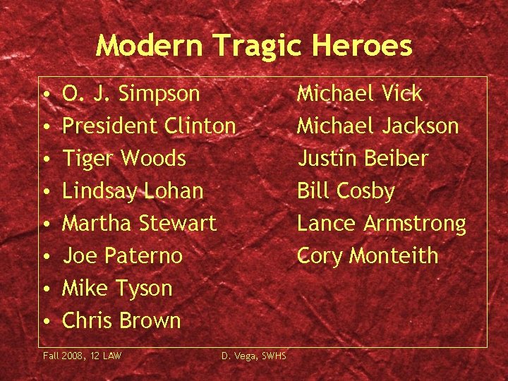 Modern Tragic Heroes • • O. J. Simpson President Clinton Tiger Woods Lindsay Lohan