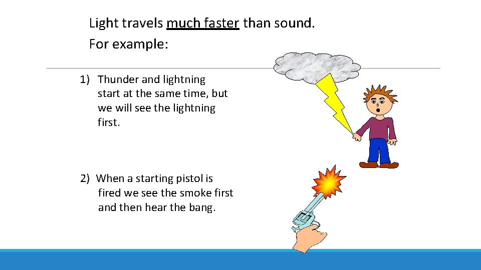 Light travels much faster than sound. For example: 1) Thunder and lightning start at