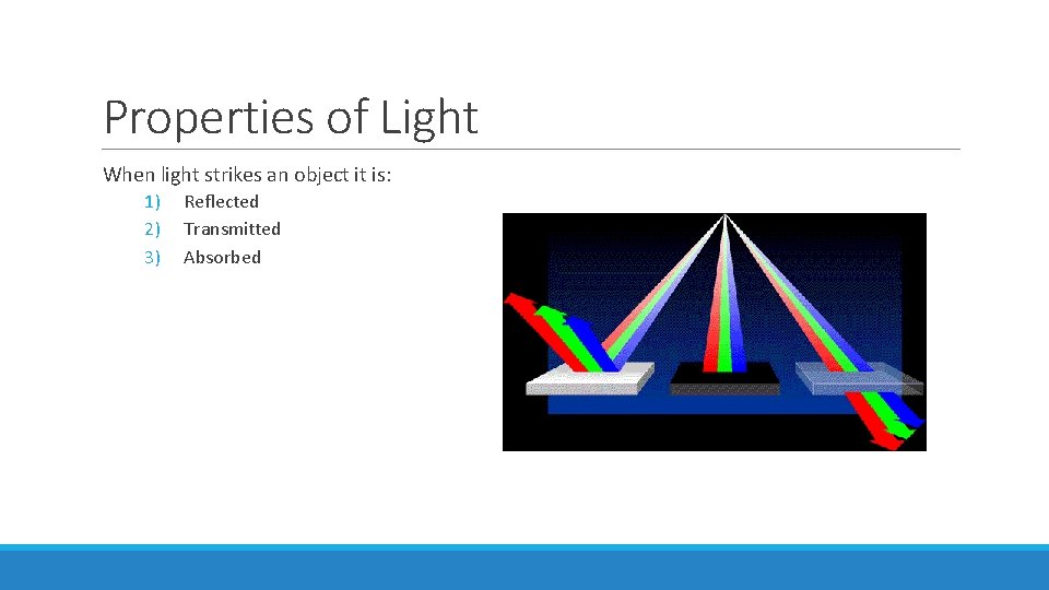 Properties of Light When light strikes an object it is: 1) 2) 3) Reflected