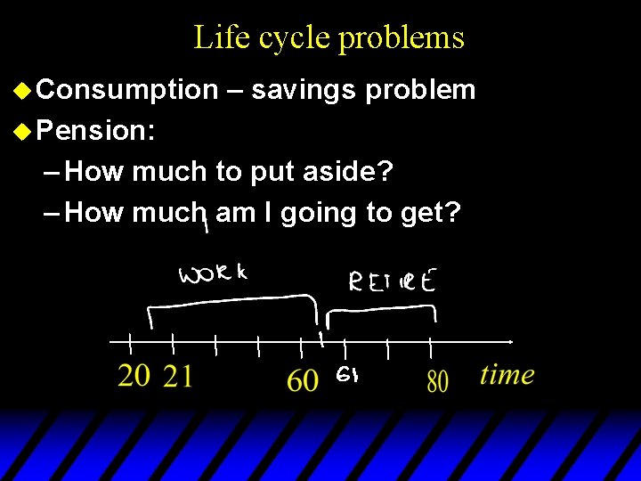 Life cycle problems u Consumption – savings problem u Pension: – How much to