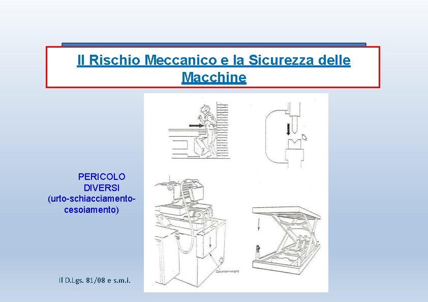 Il Rischio Meccanico e la Sicurezza delle Macchine PERICOLO DIVERSI (urto-schiacciamentocesoiamento) Il D. Lgs.