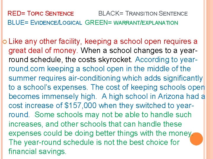 RED= TOPIC SENTENCE BLACK= TRANSITION SENTENCE BLUE= EVIDENCE/LOGICAL GREEN= WARRANT/EXPLANATION Like any other facility,