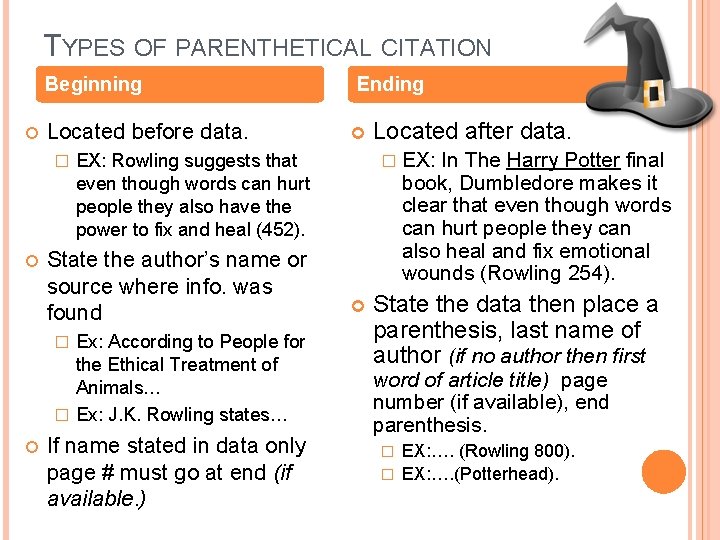 TYPES OF PARENTHETICAL CITATION Beginning Located before data. � State the author’s name or