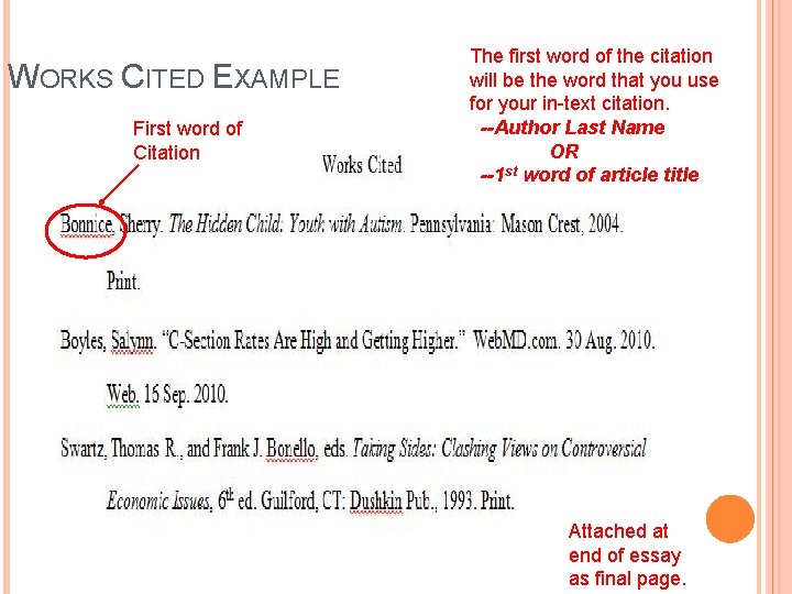 WORKS CITED EXAMPLE First word of Citation The first word of the citation will