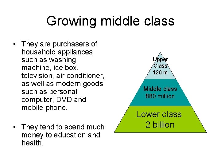 Growing middle class • They are purchasers of household appliances such as washing machine,