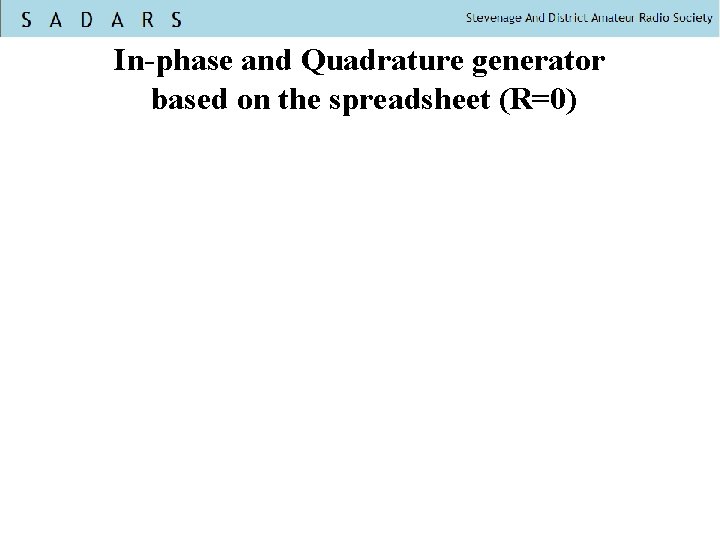 In-phase and Quadrature generator based on the spreadsheet (R=0) 