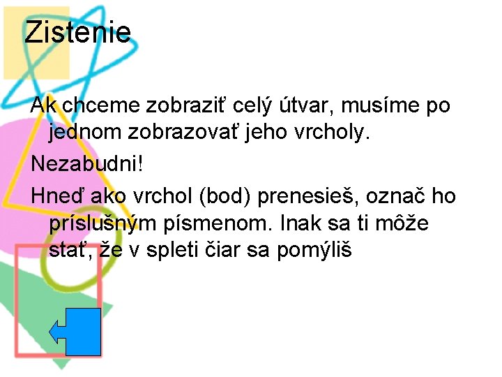 Zistenie Ak chceme zobraziť celý útvar, musíme po jednom zobrazovať jeho vrcholy. Nezabudni! Hneď