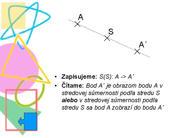 A S A´ • Zapisujeme: S(S): A -> A´ • Čítame: Bod A´ je