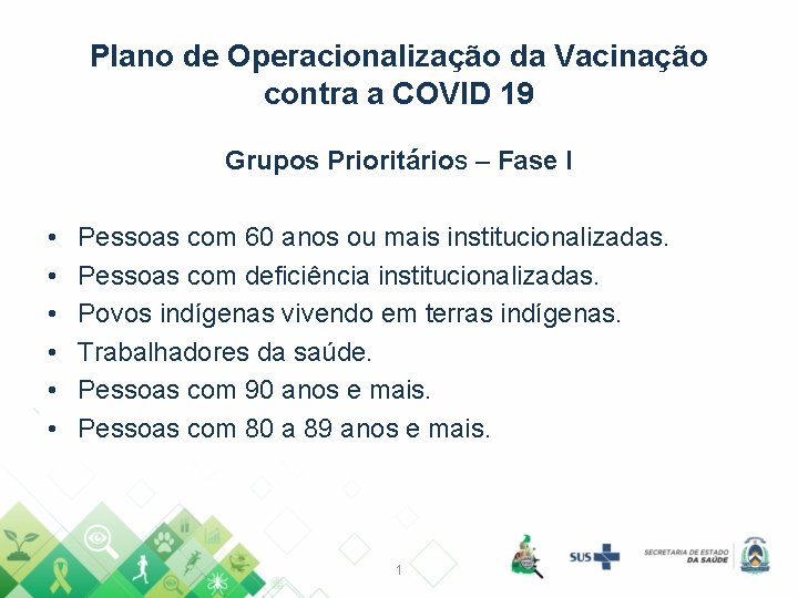 Plano de Operacionalização da Vacinação contra a COVID 19 Grupos Prioritários – Fase I