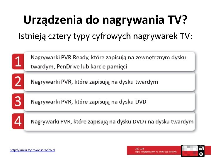Urządzenia do nagrywania TV? Istnieją cztery typy cyfrowych nagrywarek TV: http: //www. Cyfrowy. Doradca.