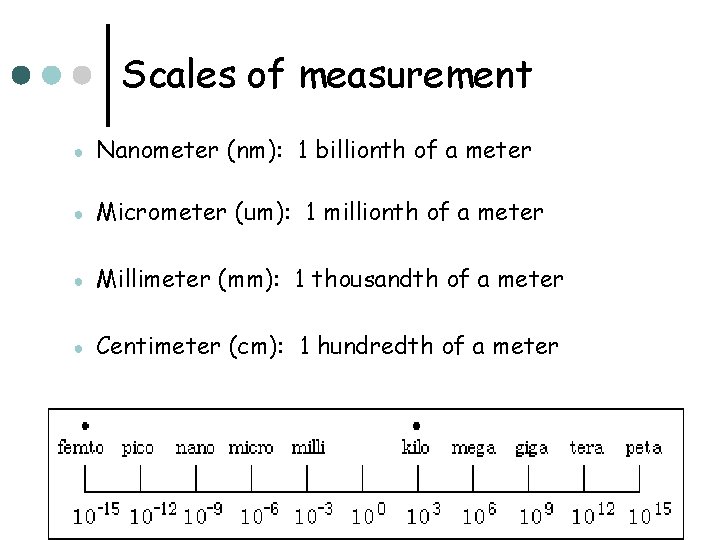 Scales of measurement ● Nanometer (nm): 1 billionth of a meter ● Micrometer (um):