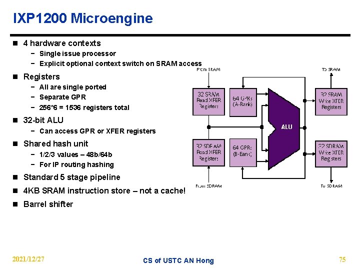 IXP 1200 Microengine n 4 hardware contexts − Single issue processor − Explicit optional