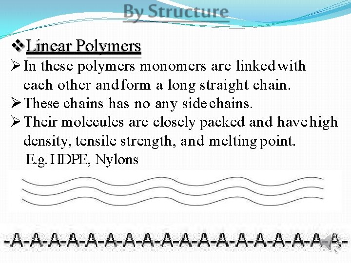  Linear Polymers In these polymers monomers are linked with each other and form