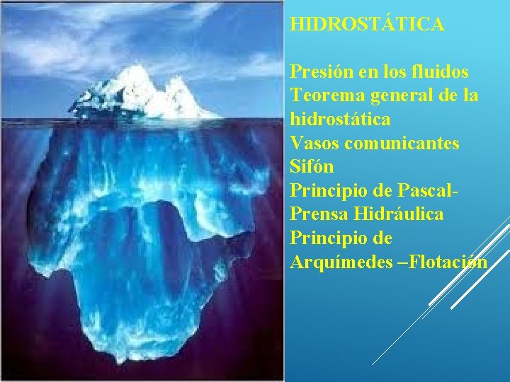 HIDROSTÁTICA Presión en los fluidos Teorema general de la hidrostática Vasos comunicantes Sifón Principio