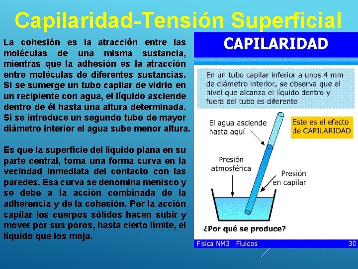 Capilaridad-Tensión Superficial La cohesión es la atracción entre las moléculas de una misma sustancia,