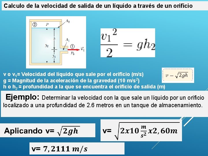 Calculo de la velocidad de salida de un líquido a través de un orificio