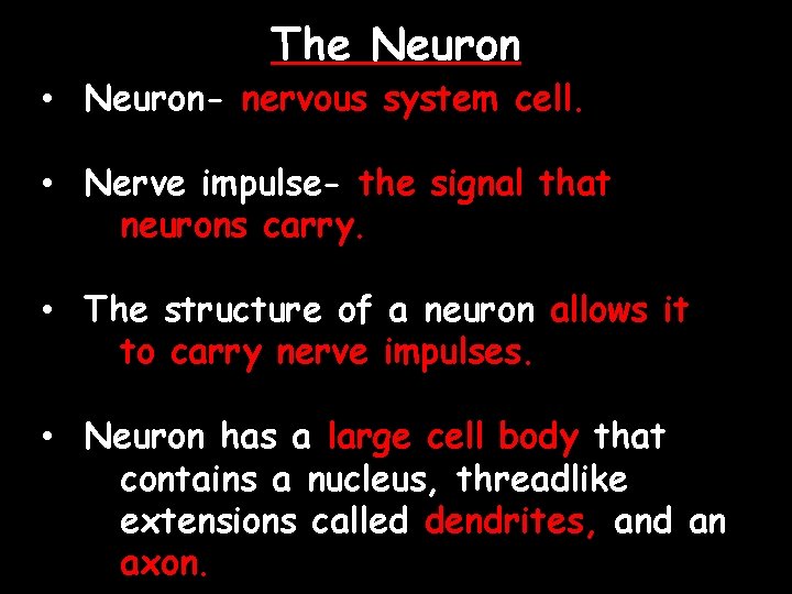 The Neuron • Neuron- nervous system cell. • Nerve impulse- the signal that neurons