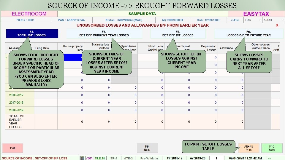 SOURCE OF INCOME ->> BROUGHT FORWARD LOSSES SHOWS TOTAL BROUGHT FORWARD LOSSES UNDER SPECIFIC