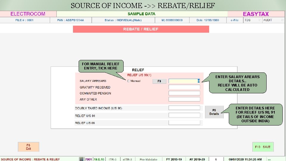 SOURCE OF INCOME ->> REBATE/RELIEF FOR MANUAL RELIEF ENTRY, TICK HERE ENTER SALARY AREARS