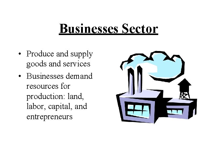 Businesses Sector • Produce and supply goods and services • Businesses demand resources for