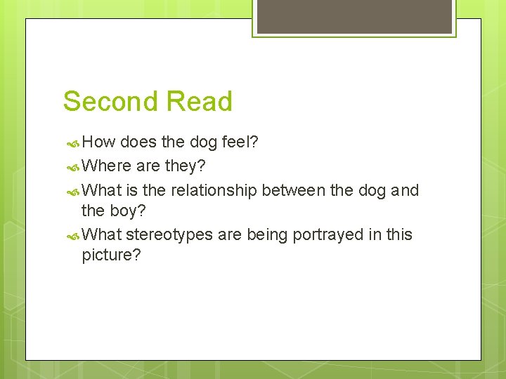 Second Read How does the dog feel? Where are they? What is the relationship