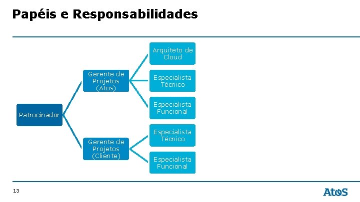 Papéis e Responsabilidades Arquiteto de Cloud Gerente de Projetos (Atos) Especialista Funcional Patrocinador Gerente