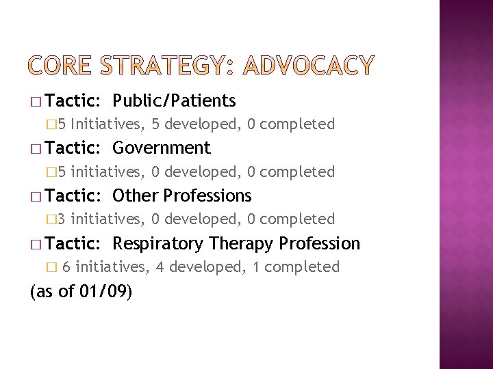 � Tactic: � 5 Initiatives, 5 developed, 0 completed � Tactic: � 5 Other � Tactic: � 5 Initiatives, 5 developed, 0 completed � Tactic: � 5 Other