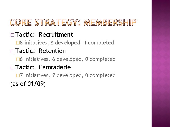 � Tactic: � 8 initatives, 8 developed, 1 completed � Tactic: � 6 Retention � Tactic: � 8 initatives, 8 developed, 1 completed � Tactic: � 6 Retention