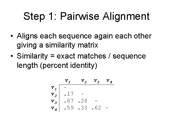 Step 1: Pairwise Alignment • Aligns each sequence again each other giving a similarity