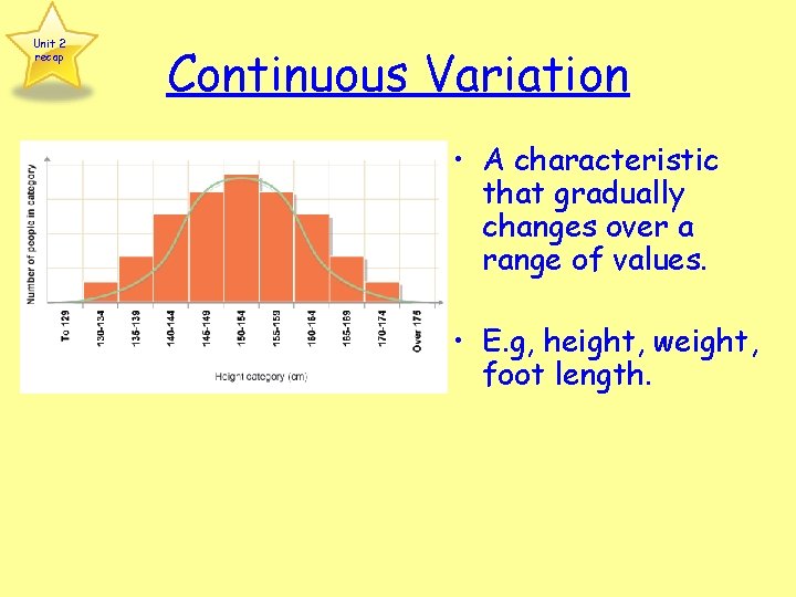 Unit 2 recap Continuous Variation • A characteristic that gradually changes over a range