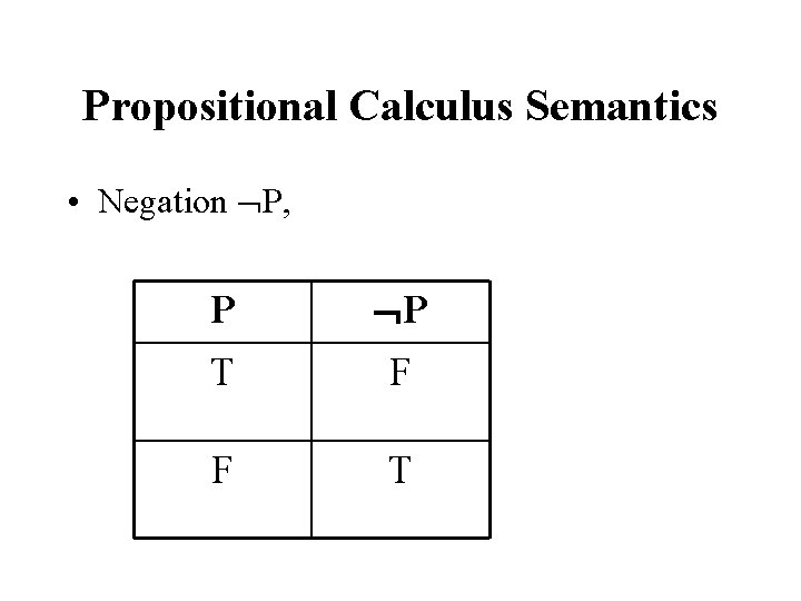 Propositional Calculus Semantics • Negation P, P P T F F T 