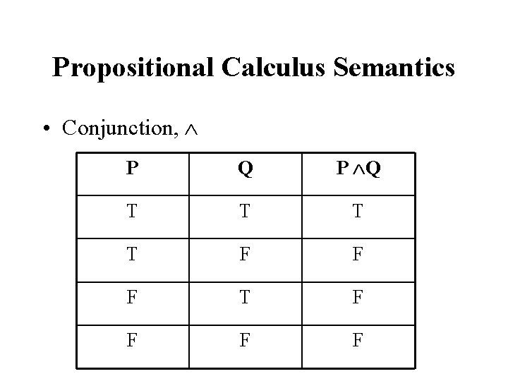 Propositional Calculus Semantics • Conjunction, P Q T T F F F T F