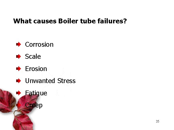 What causes Boiler tube failures? Corrosion Scale Erosion Unwanted Stress Fatigue Creep 35 