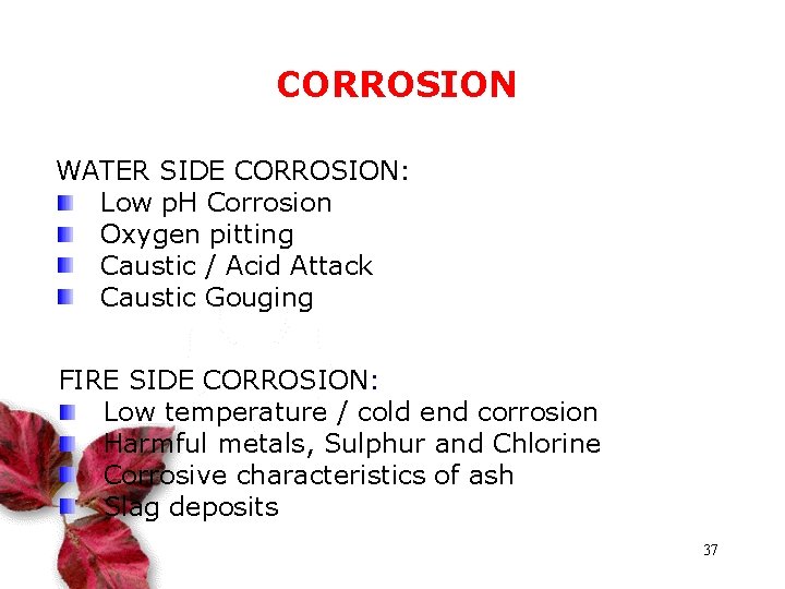 CORROSION WATER SIDE CORROSION: Low p. H Corrosion Oxygen pitting Caustic / Acid Attack