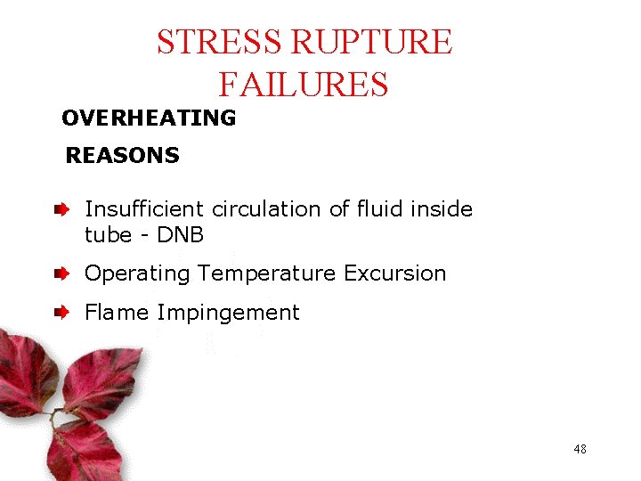 STRESS RUPTURE FAILURES OVERHEATING REASONS Insufficient circulation of fluid inside tube - DNB Operating