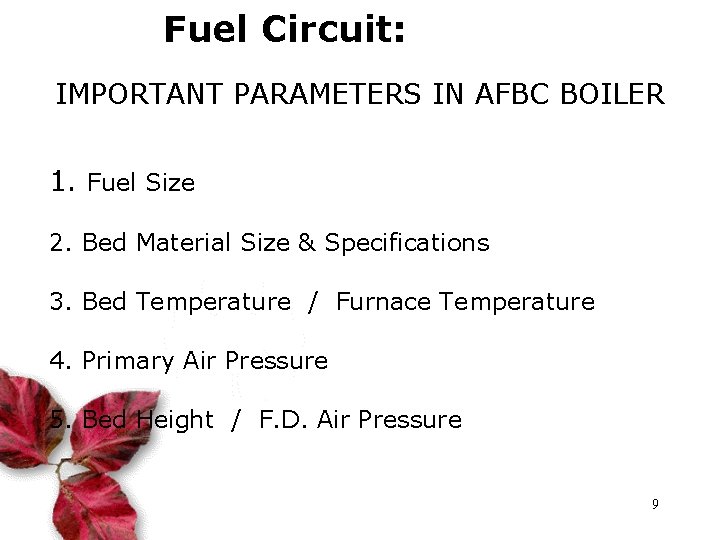 Fuel Circuit: IMPORTANT PARAMETERS IN AFBC BOILER 1. Fuel Size 2. Bed Material Size