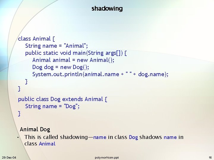 shadowing class Animal { String name = "Animal"; public static void main(String args[]) {