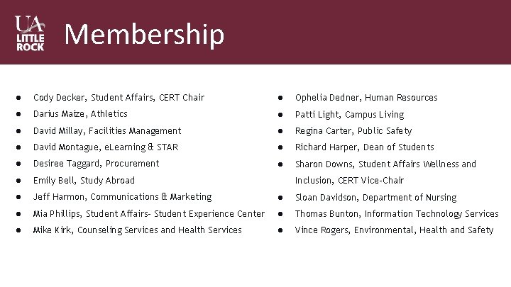 Membership ● Cody Decker, Student Affairs, CERT Chair ● Ophelia Dedner, Human Resources ●