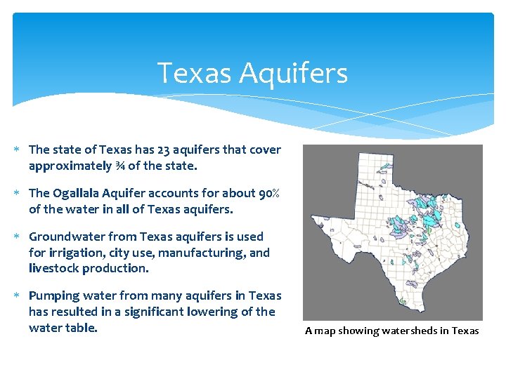 Texas Aquifers The state of Texas has 23 aquifers that cover approximately ¾ of